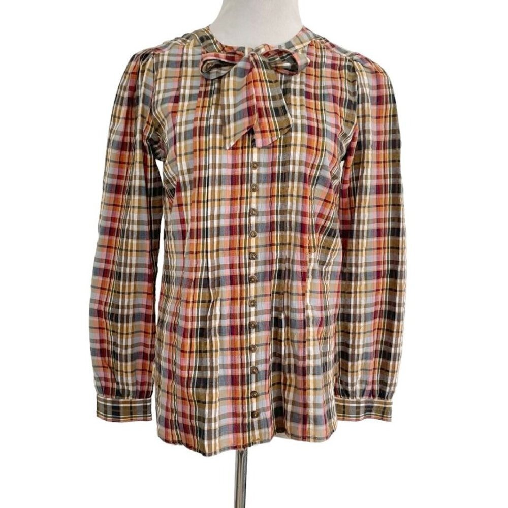 Pilcro Size XS Top Blouse Plaid Long Sleeve Front Knot Cotton